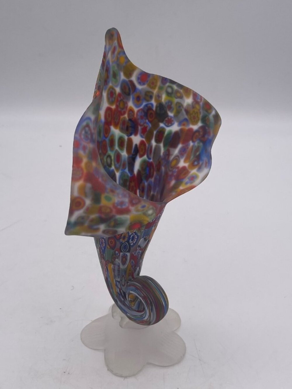 VTG 90s Murano Style Millefiori Art Glass Horn of Plenty Vase Hand Blown Italy